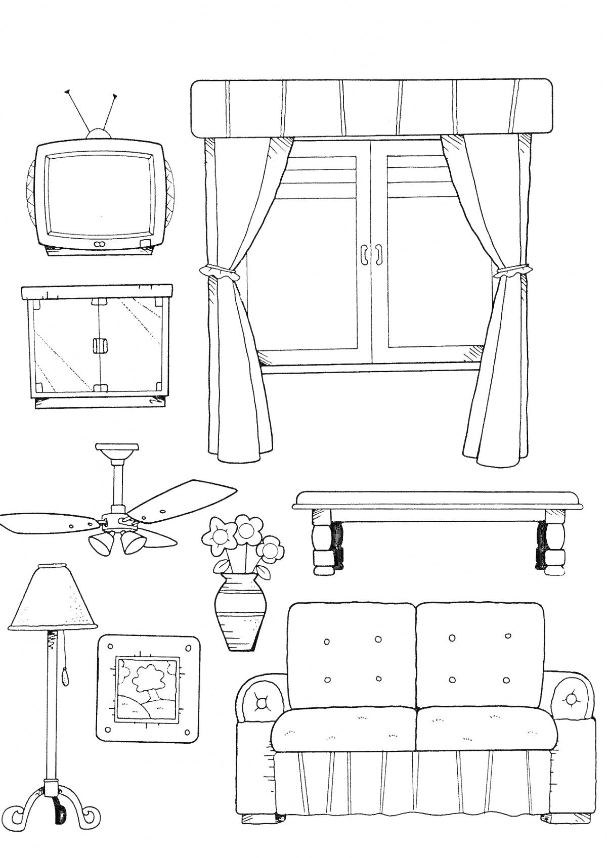 На раскраске изображено: Мебель, Телевизор, Занавески, Шкаф, Лампочки, Диван, Ваза, Цветы, Стол, Интерьер