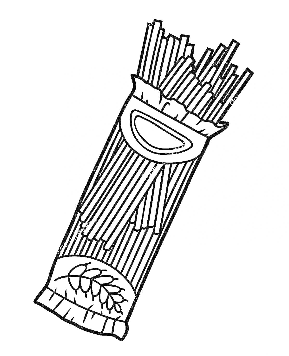 Раскраска Пакет длинных макарон со спагетти и рисунком колосьев