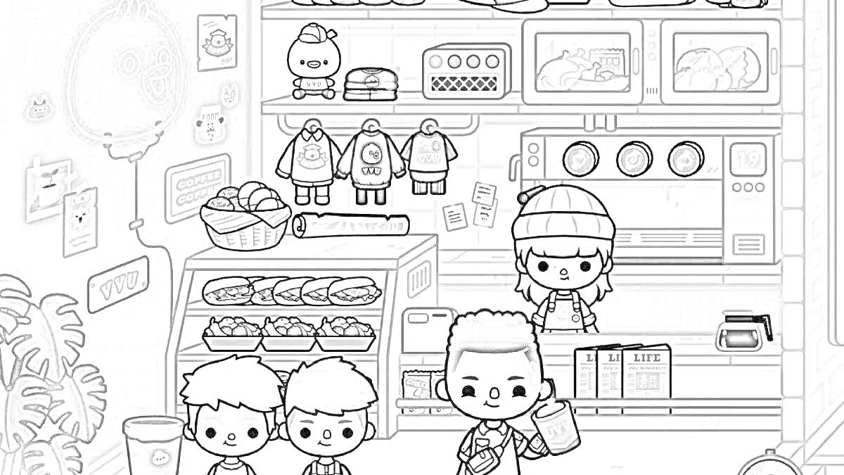 Раскраска Магазин с выпечкой и одеждой. В магазине находятся различные предметы: полка с хлебом, корзина с багетами, полка с одеждой, кепки, холодильник с едой, касса, люди покупатели и продавец.