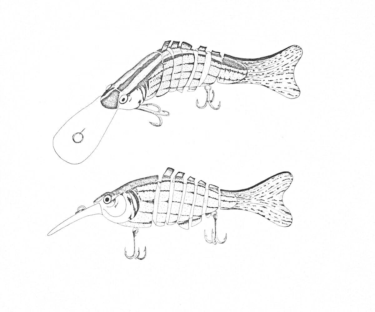 Два соединённых сегментами воблера с крючками и лопастями