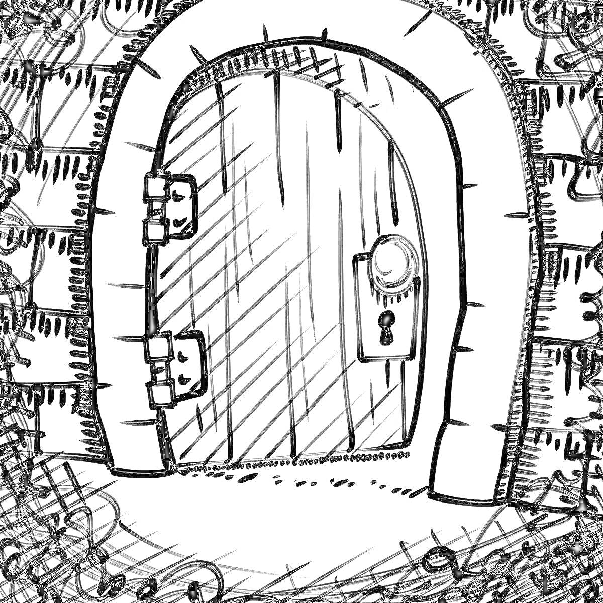 На раскраске изображено: Подвал, Дверь, Замок, Кирпичная стена, Каракули