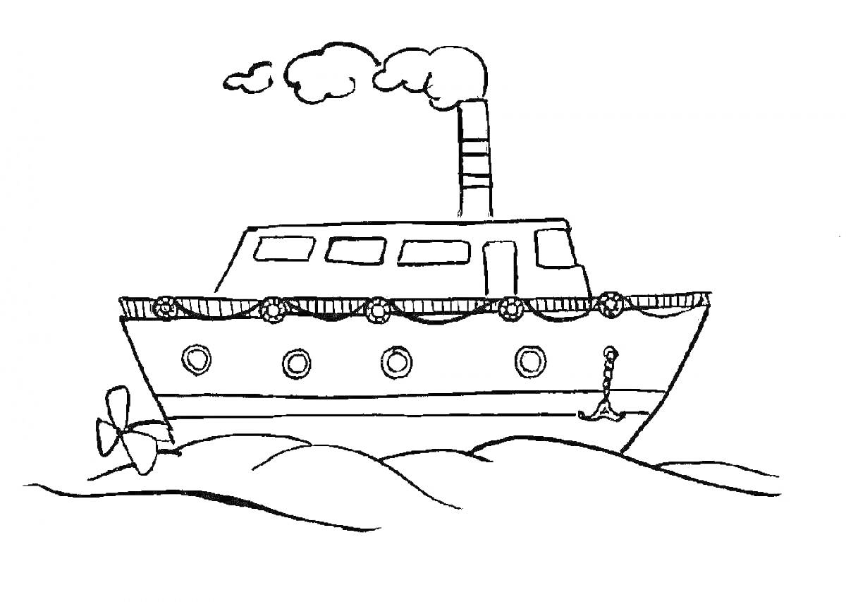Раскраска Пароход с дымоходом, волнами, иллюминаторами, якорем и пропеллером
