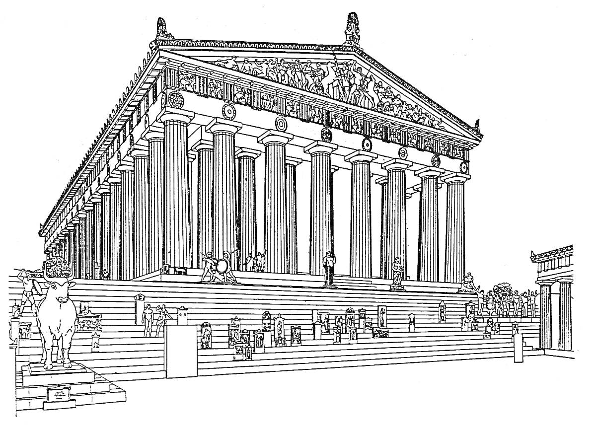 Раскраска Древнегреческий храм с колоннами, ступенями, статуями животных и статуями людей