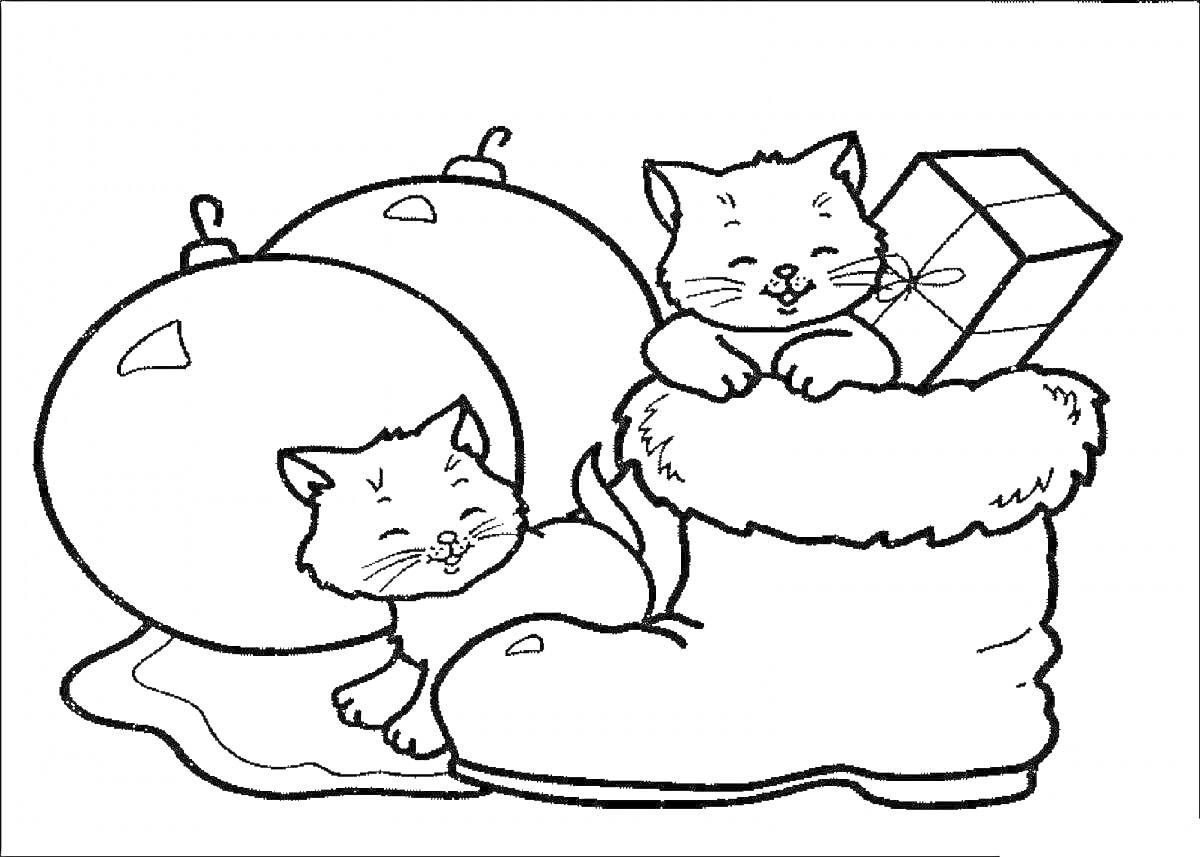 Раскраска Две кошки с новогодними шарами, подарком и сапогом