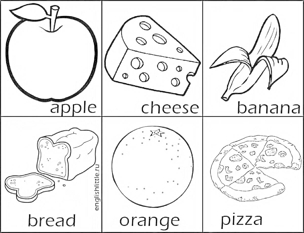 Раскраска apple, cheese, banana, bread, orange, pizza