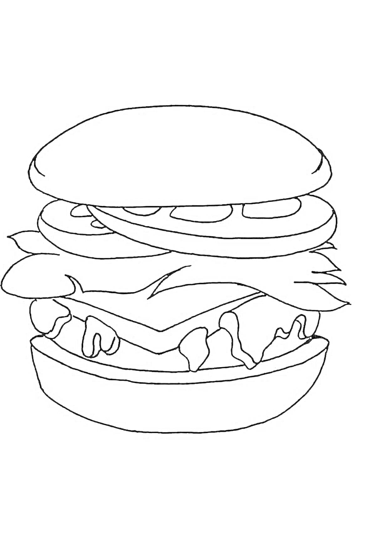 На раскраске изображено: Чизбургер, Бургер, Булочка, Сыр, Листья салата, Котлета, Еда