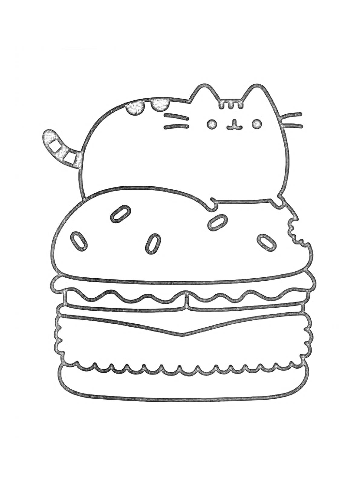 Раскраска Кот на гамбургере с надкусанной булочкой