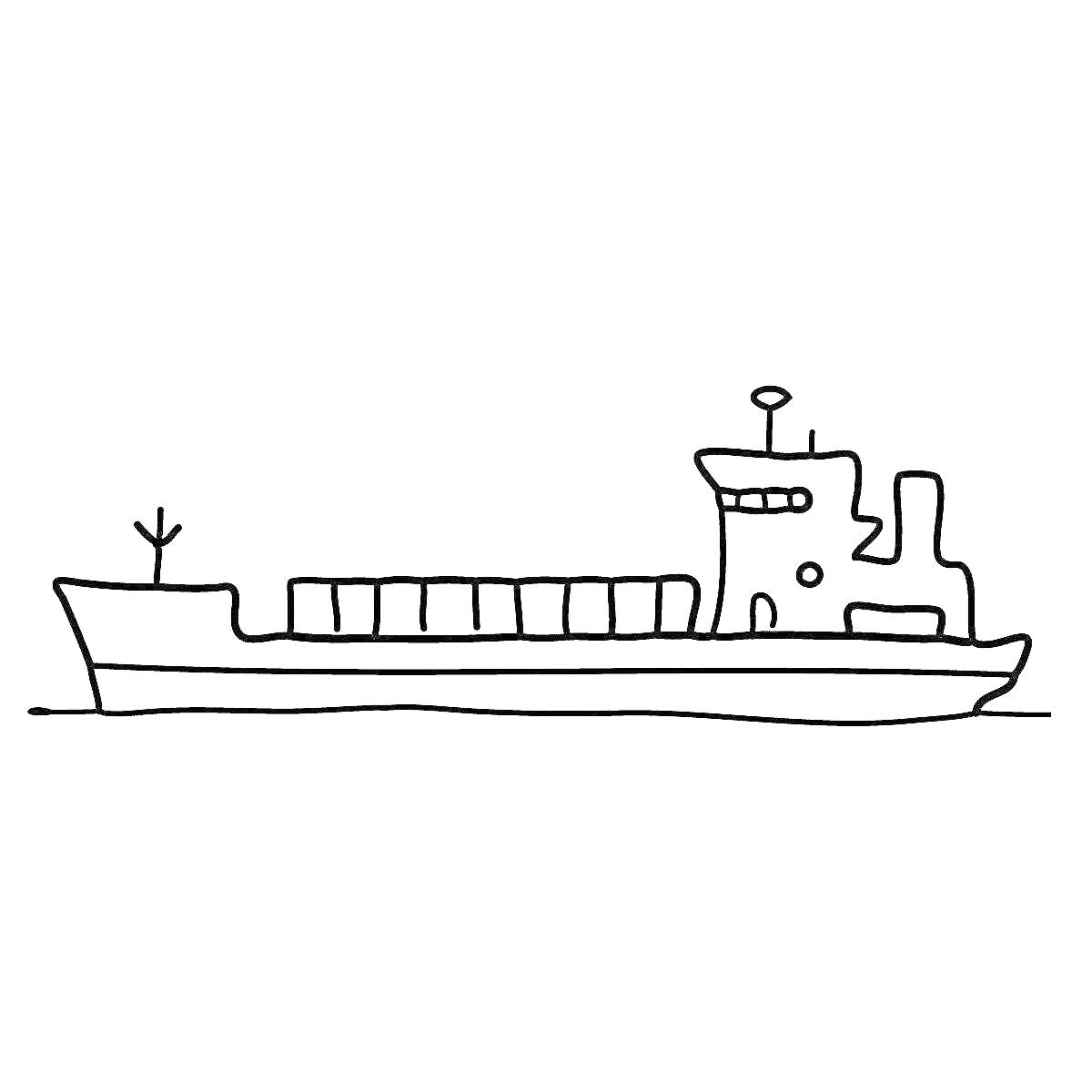 На раскраске изображено: Контейнер, Корабль, Мачта, Море, Судоходство, Транспорт