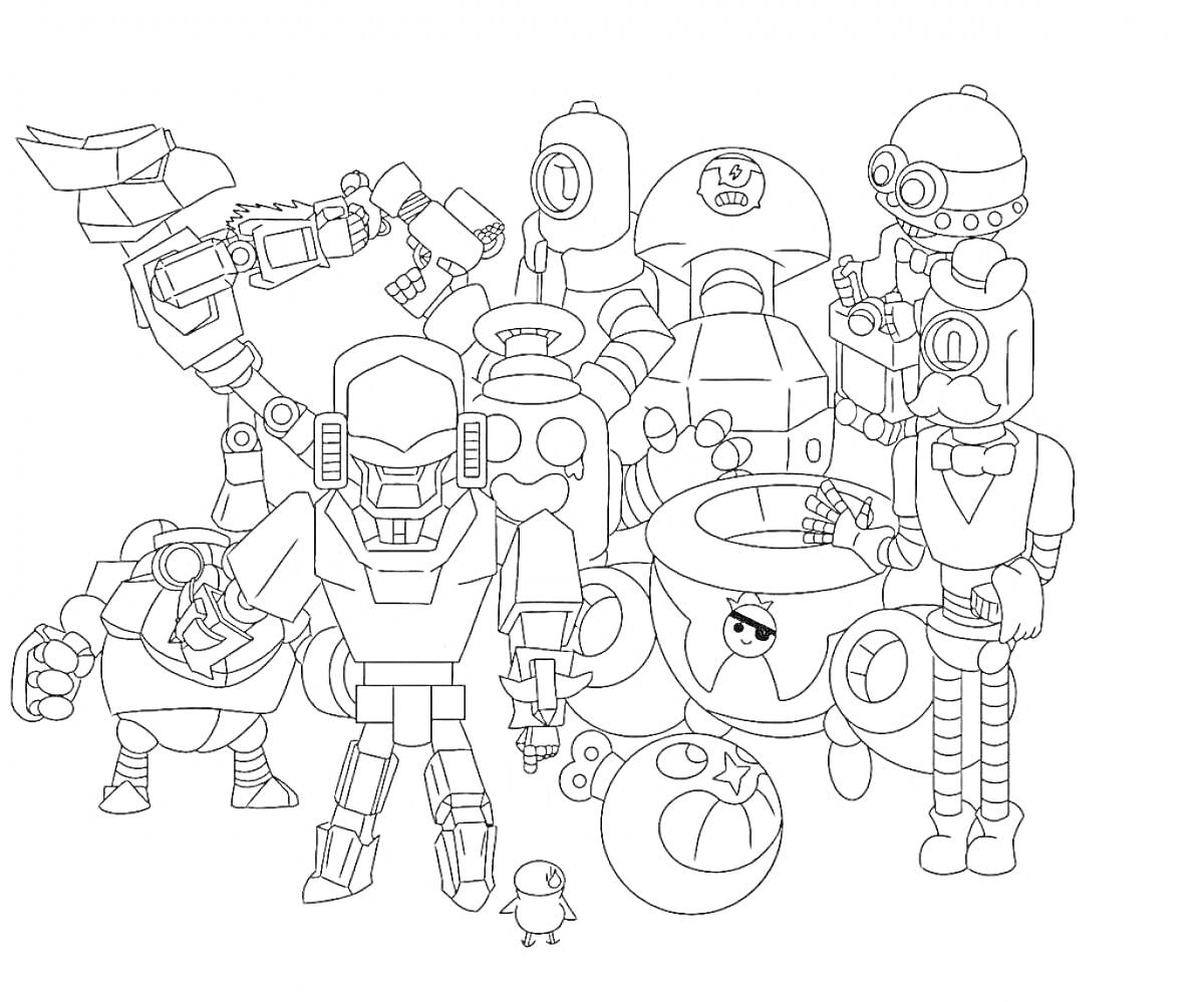 На раскраске изображено: Оружие, Шлемы, Очки, Механизмы, Техника, Группа