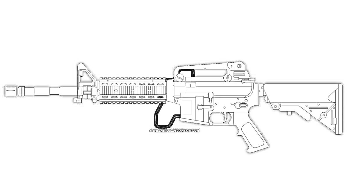 Раскраска Линия M416 с прикладом, прицелом, цевьем и стволом