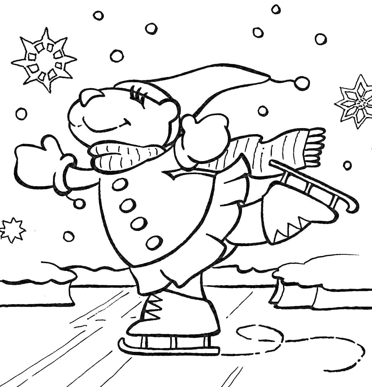 Раскраска Медвежонок на ледовом катке в зимней одежде, катающийся на коньках, снежинки на фоне