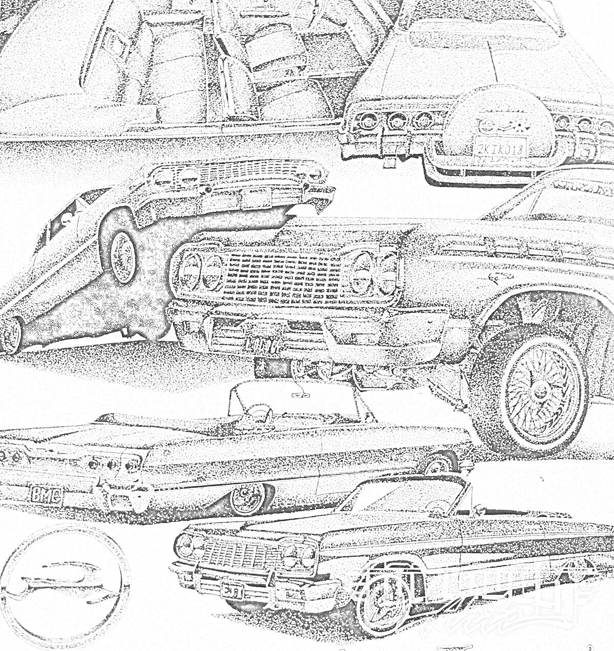 Раскраска Лоурайдеры с различными элементами - внутренность салона, задняя часть машины, лоурайдер на гидравлике, передняя часть с решеткой радиатора, колеса, открытый капот, общий вид автомобилей