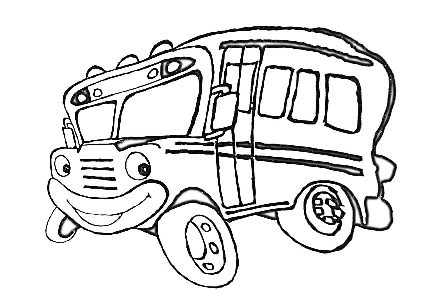 На раскраске изображено: Автобус, Тайо, Детский мультфильм, Транспорт, Колеса, Окна, Дверь, Улыбка
