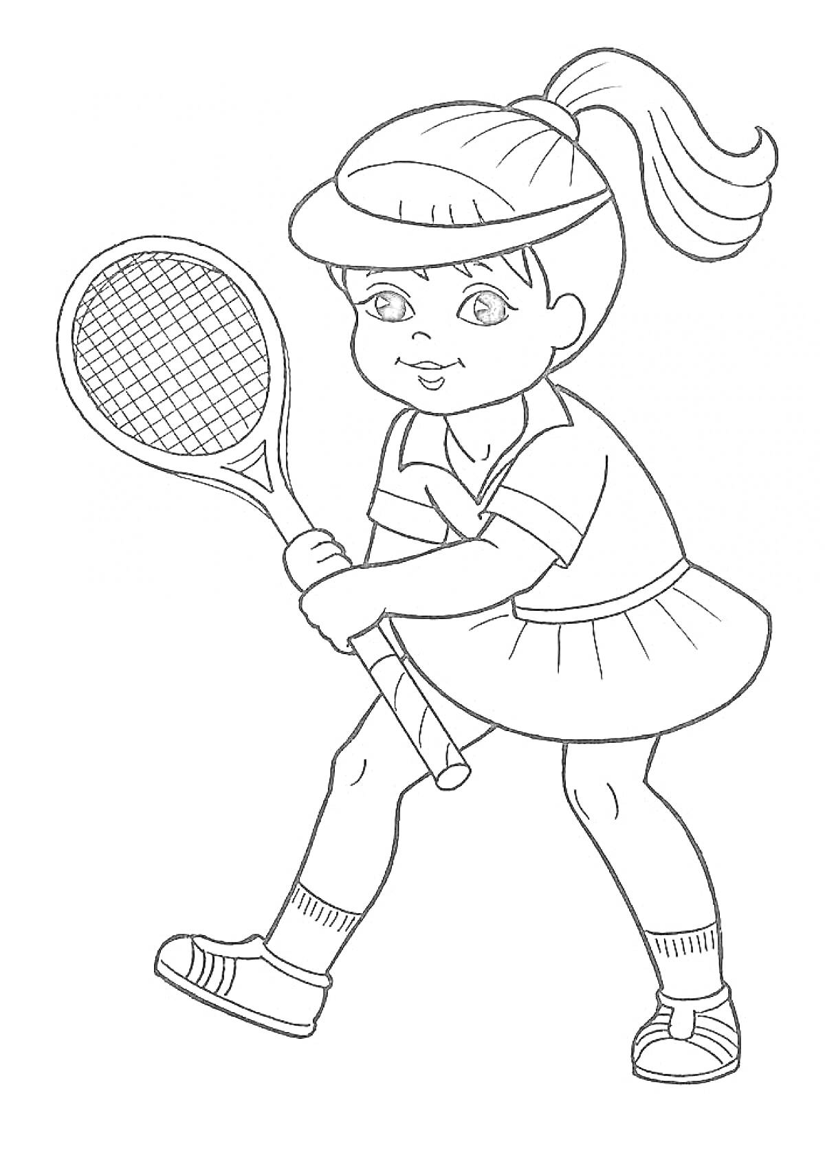 Раскраска Девочка, играющая в теннис (ракетка, теннисная форма, кепка)