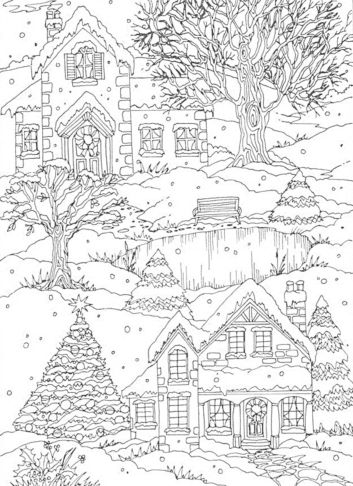 На раскраске изображено: Пейзаж, Зима, Снежные деревья, Ёлки, Снегопад, Зимний лес, Рождество