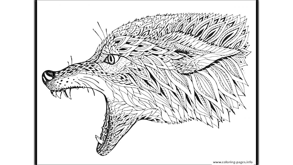 Раскраска Голова волка с открытой пастью, рисунок в стиле дудл, с множеством геометрических и узорчатых элементов.