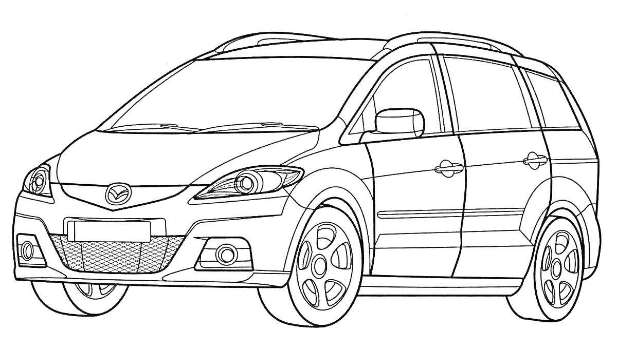 На раскраске изображено: Mazda, Фары, Колёса, Транспорт