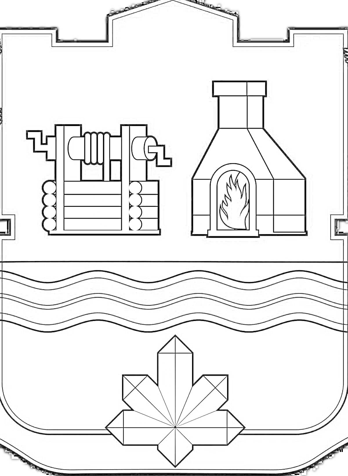 Раскраска Герб Екатеринбурга с изображением наковальни, печи, волн и кристалла