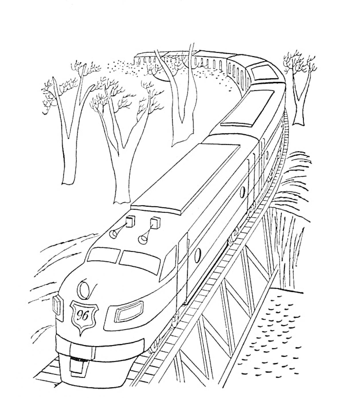 Раскраска Поезд на мосту с деревьями на фоне
