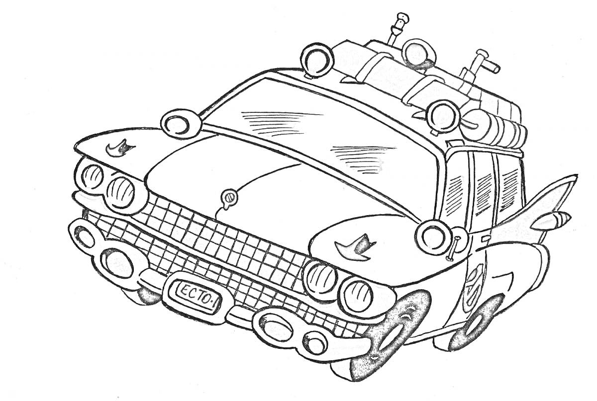 Раскраска Машина охотников за привидениями с оборудованием на крыше, вид спереди и сбоку, закругленные фары, номерной знак 