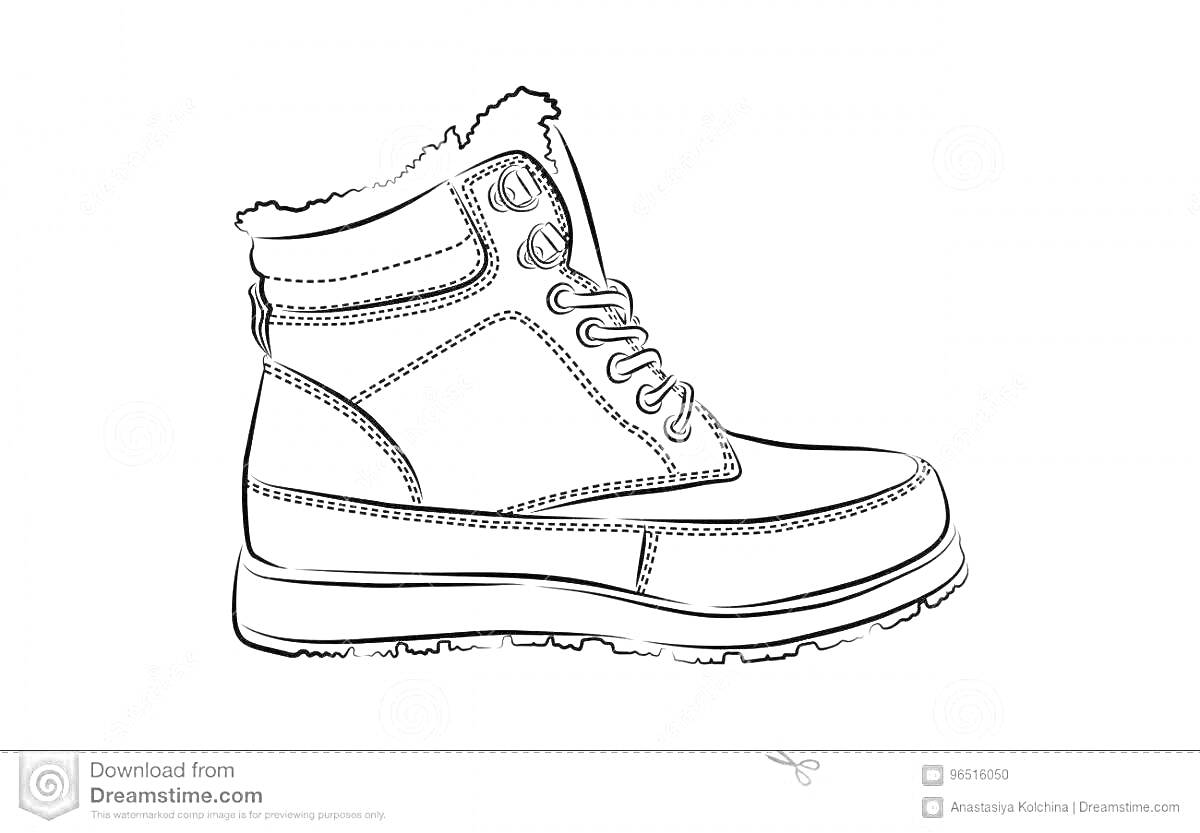 На раскраске изображено: Зимняя обувь, Мех, Шнуровка