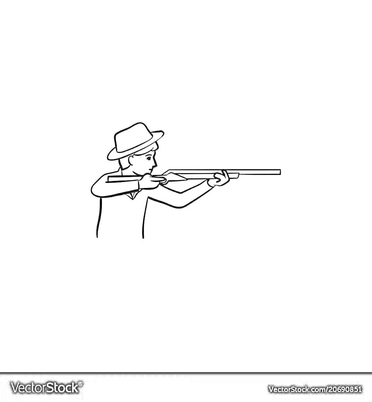 На раскраске изображено: Охотник, Ружьё, Шляпа, Охота, Стрельба, Человек, Оружие