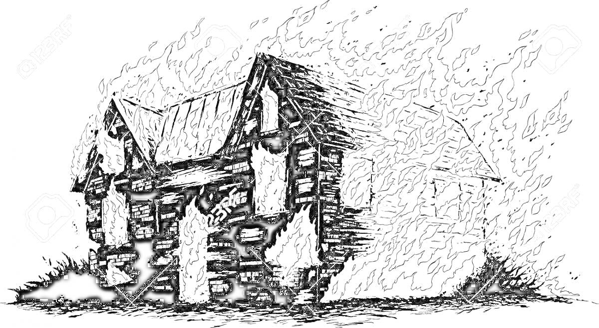 Раскраска Ветхая землянка в огне, окруженная кустарником