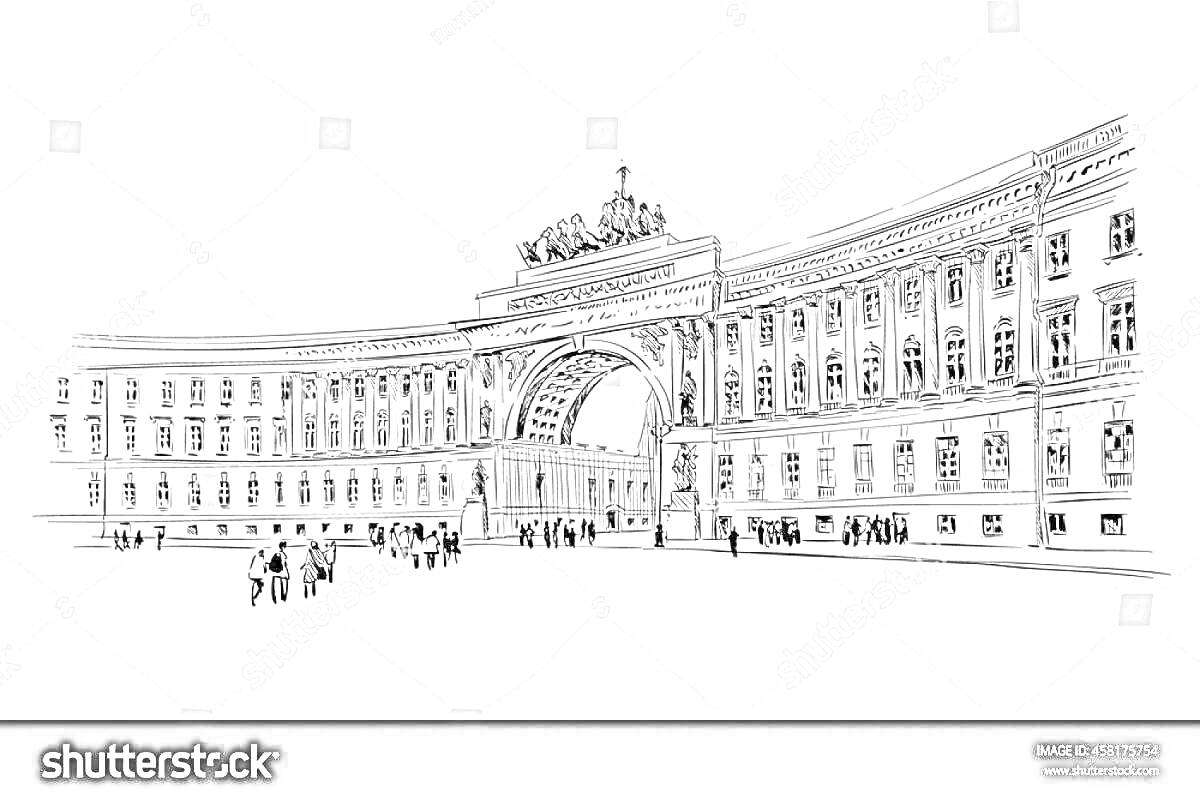 РаскраскаДворцовая площадь с аркой Главного штаба и людьми на площади