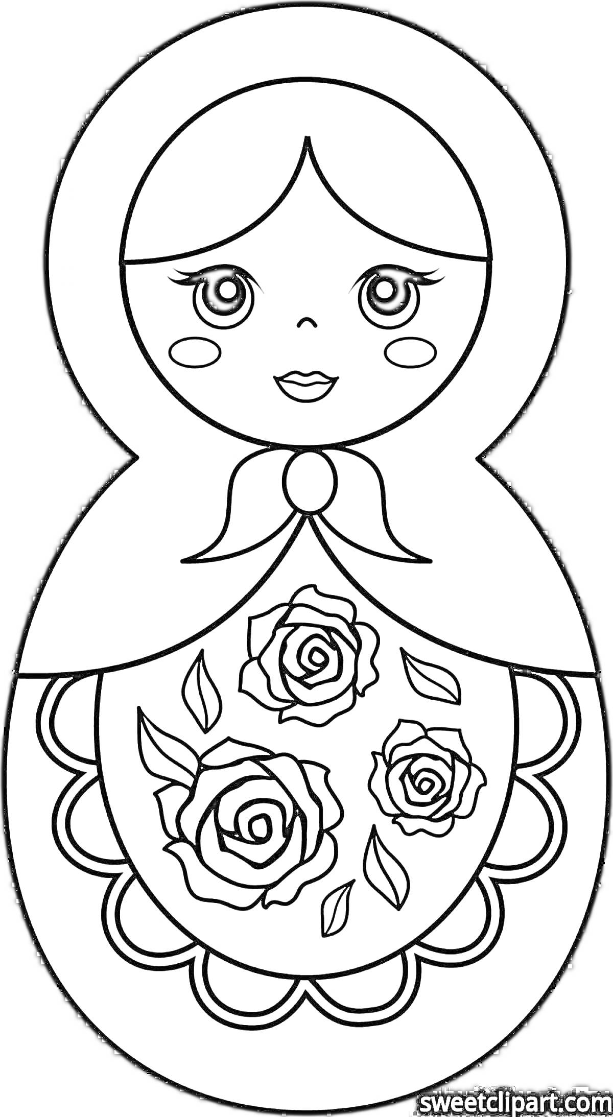 Раскраска Матрешка с розами на переднике, шарфик с бантом и кружевное украшение