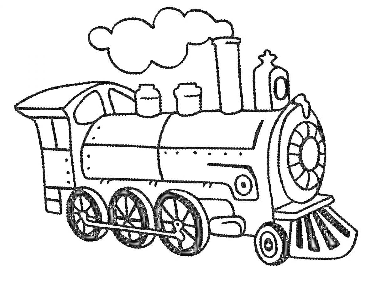 Раскраска Паровозик с дымом из трубы, вагоны, колёса
