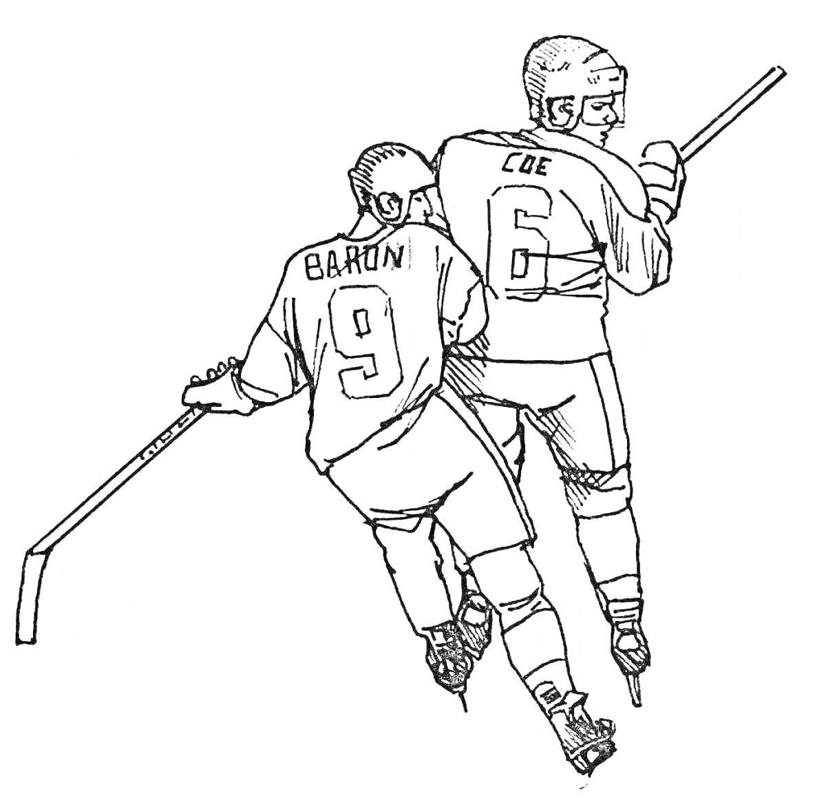 Два хоккеиста в защитной экипировке, держащие клюшки, играют в хоккей. Номера и фамилии игроков на форме: 9 - Baron и 6 - Coe.