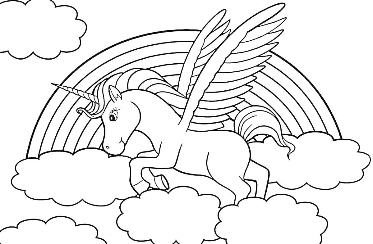 Раскраска Единорог с крыльями на фоне радуги и облаков