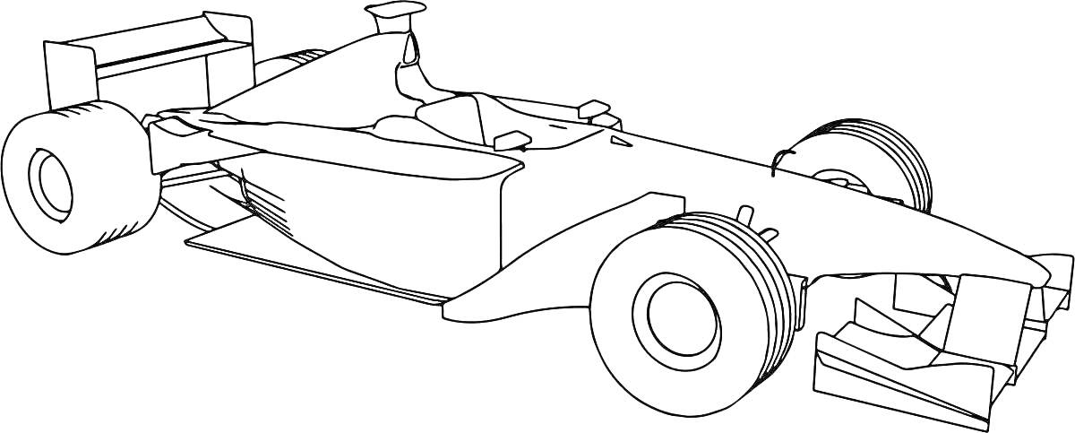 Раскраска Болид Формулы 1 с деталями корпуса, колесами и крыльями