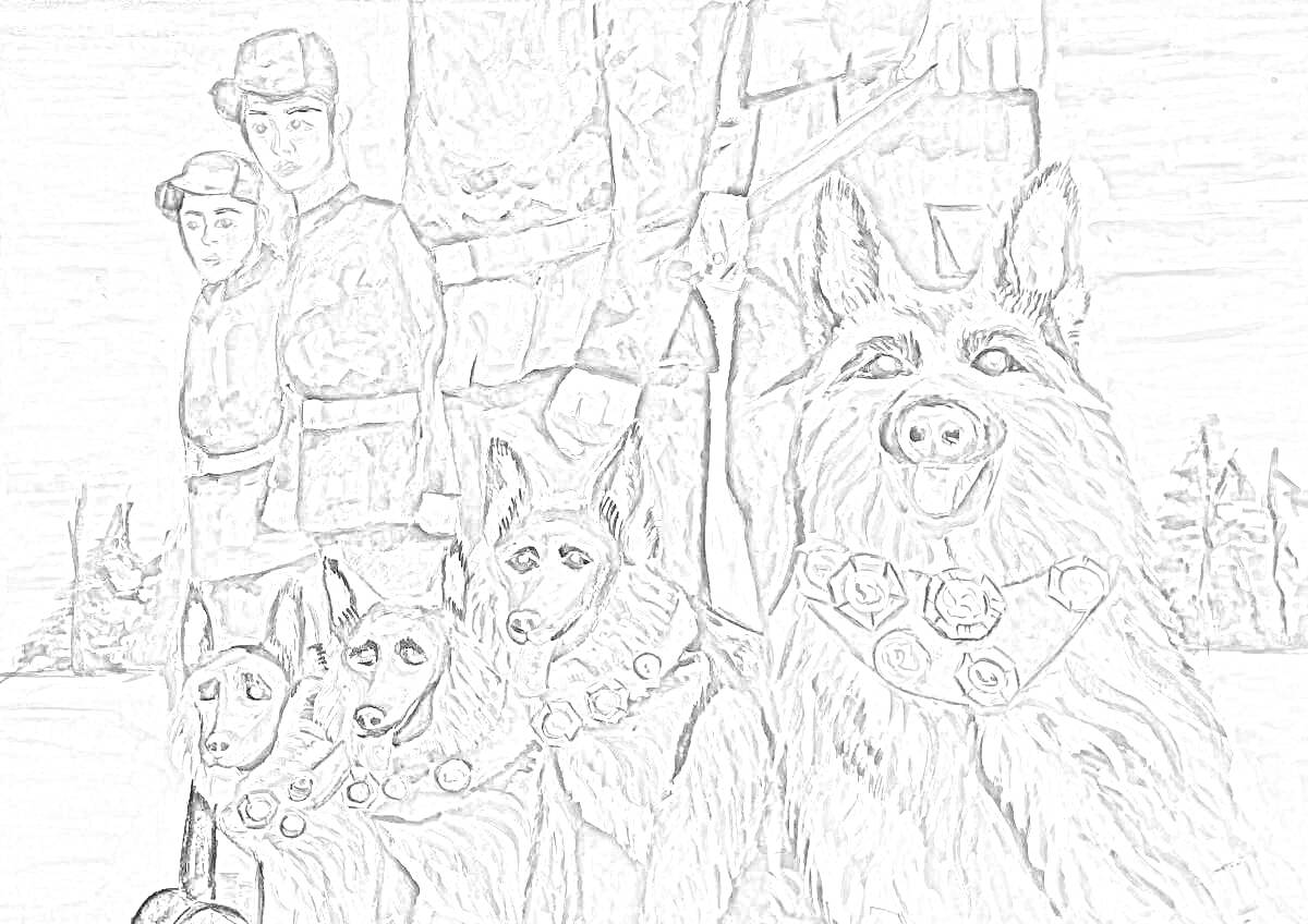 На раскраске изображено: Пограничник, Собака, Лес, Патруль, Военные, Служба