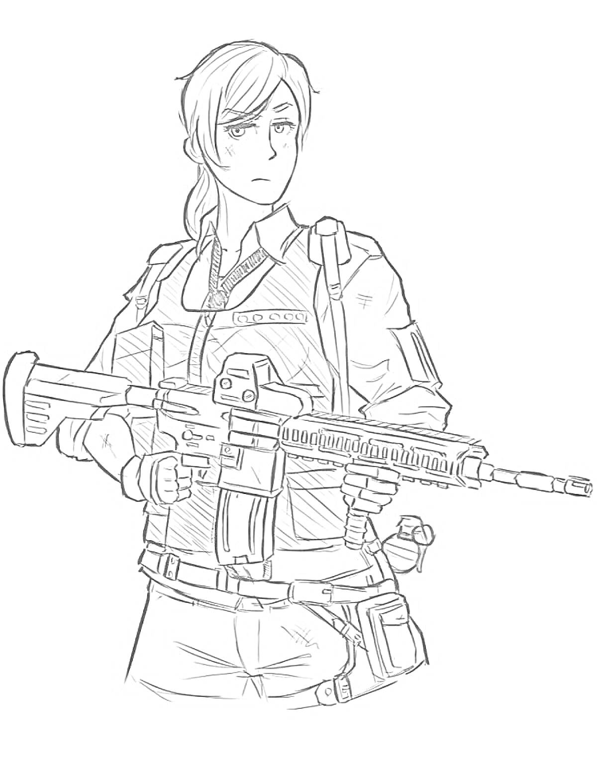 Раскраска Женский персонаж в экипировке, держащий автоматическую винтовку из игры PUBG