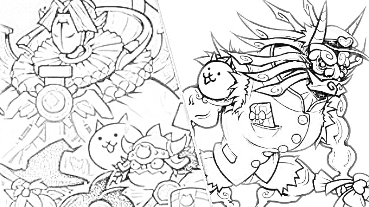 Раскраска Коты в доспехах с фантастическими элементами, два кота с одеждой, шлемы, доспехи, мечи, фантастическое существо с когтями и шипами