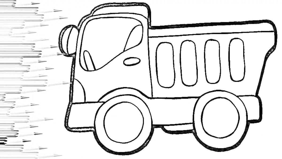 Раскраска Грузовичок Лева с карандашами и кабиной, кузовом и колесами