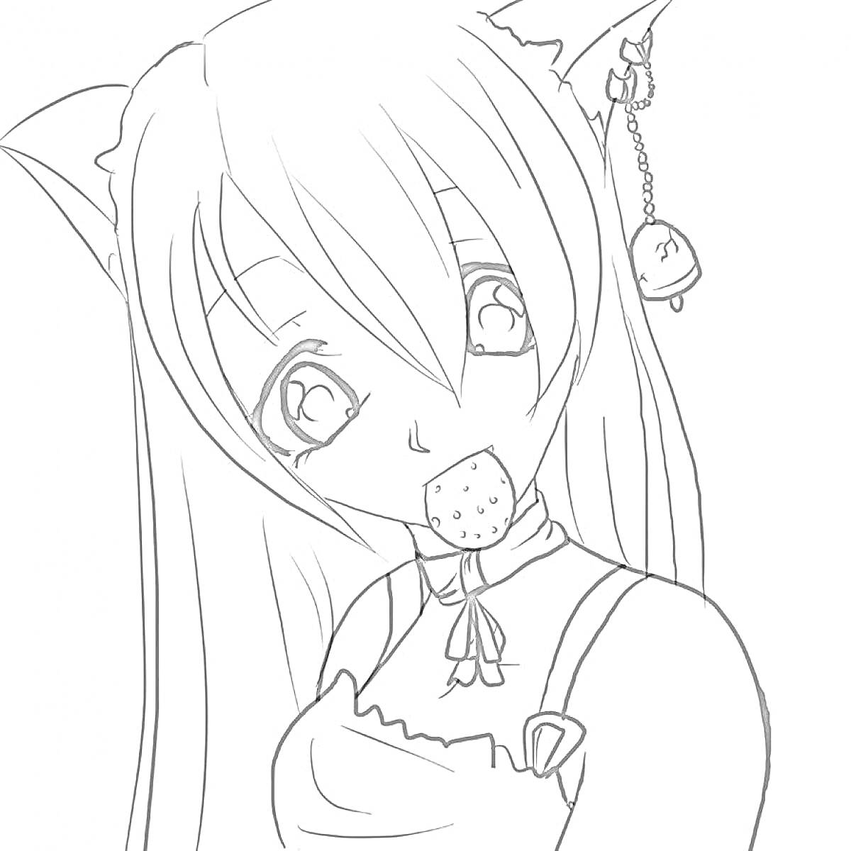 Раскраска Аниме девушка с ушками кошки, с печеньем во рту, с длинными волосами, в платье с бантиком, с кулоном колокольчиком на ушке.