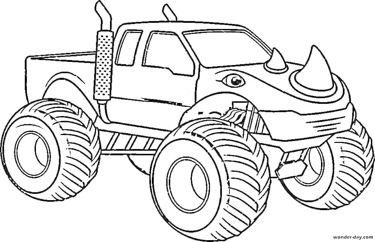 На раскраске изображено: Монстер трак, Большие колеса, Рога, Грузовая машина, Авто