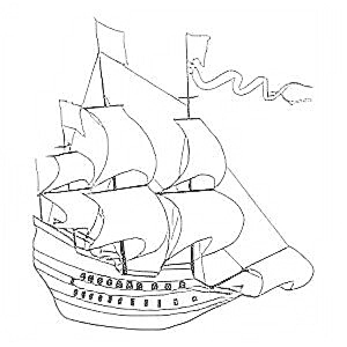 На раскраске изображено: Корабль, Паруса, Флаг, Морское путешествие