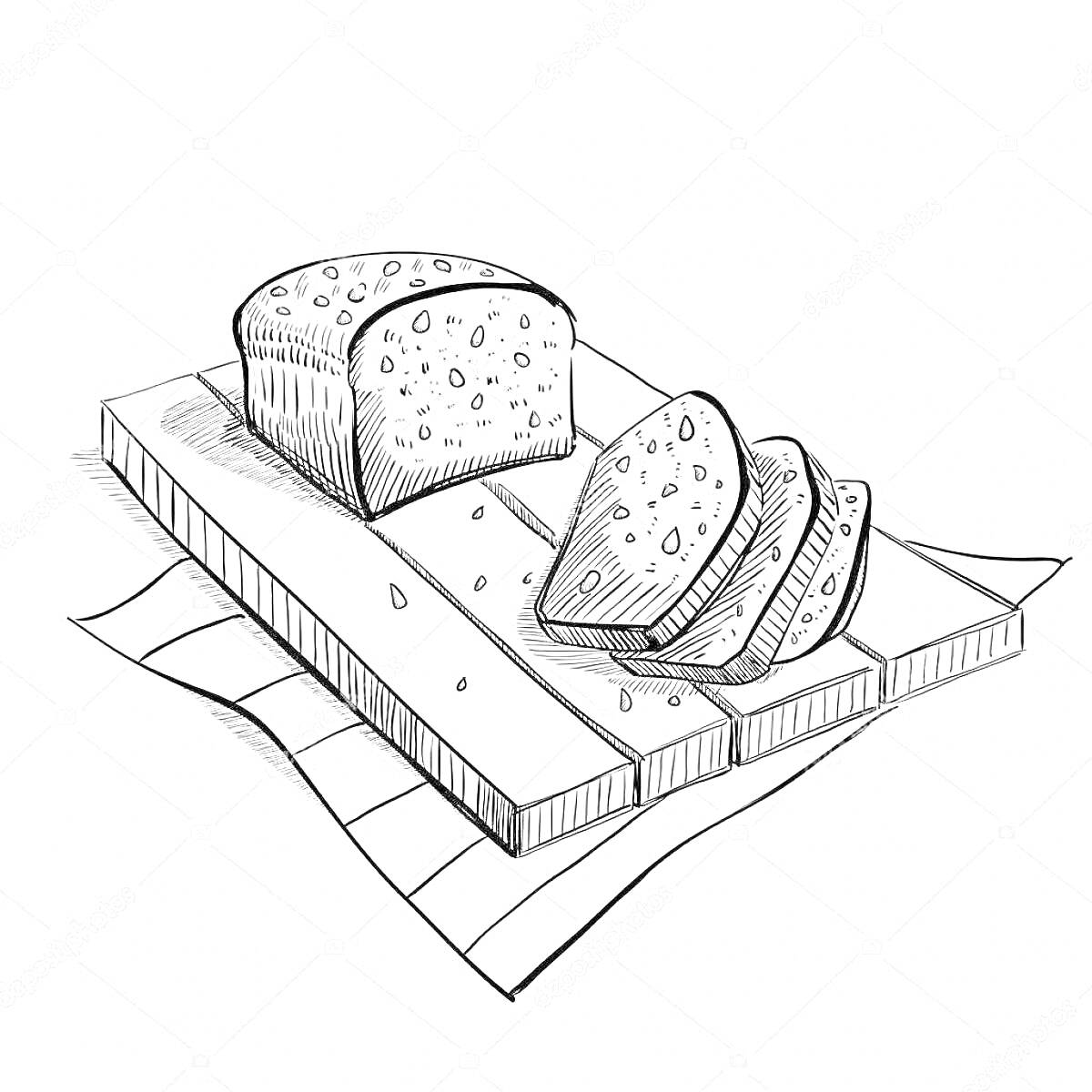 На раскраске изображено: Блокадный хлеб, Нарезанный хлеб, Деревянная доска, Хлеб, Ломтики хлеба, Ткань, Еда