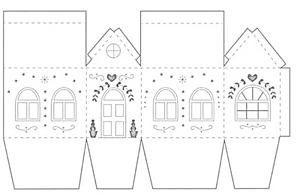 Раскраска Макет домика с окнами, дверью и украшениями для склеивания