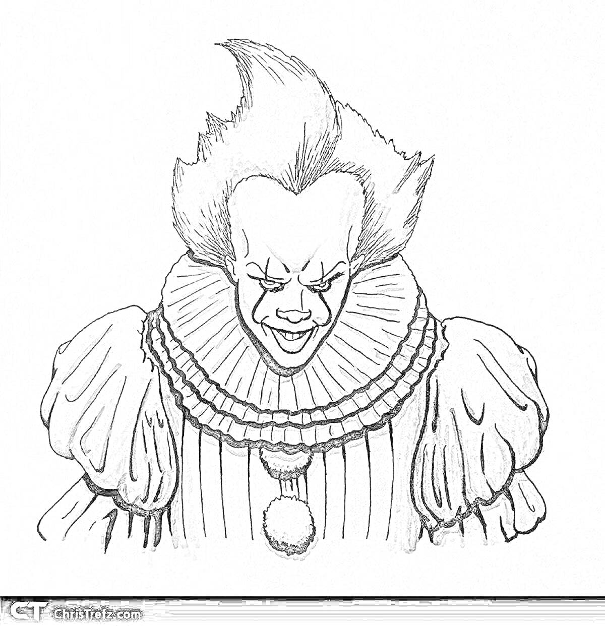 Раскраска Пеннивайз с клоунским костюмом и характерным выражением лица