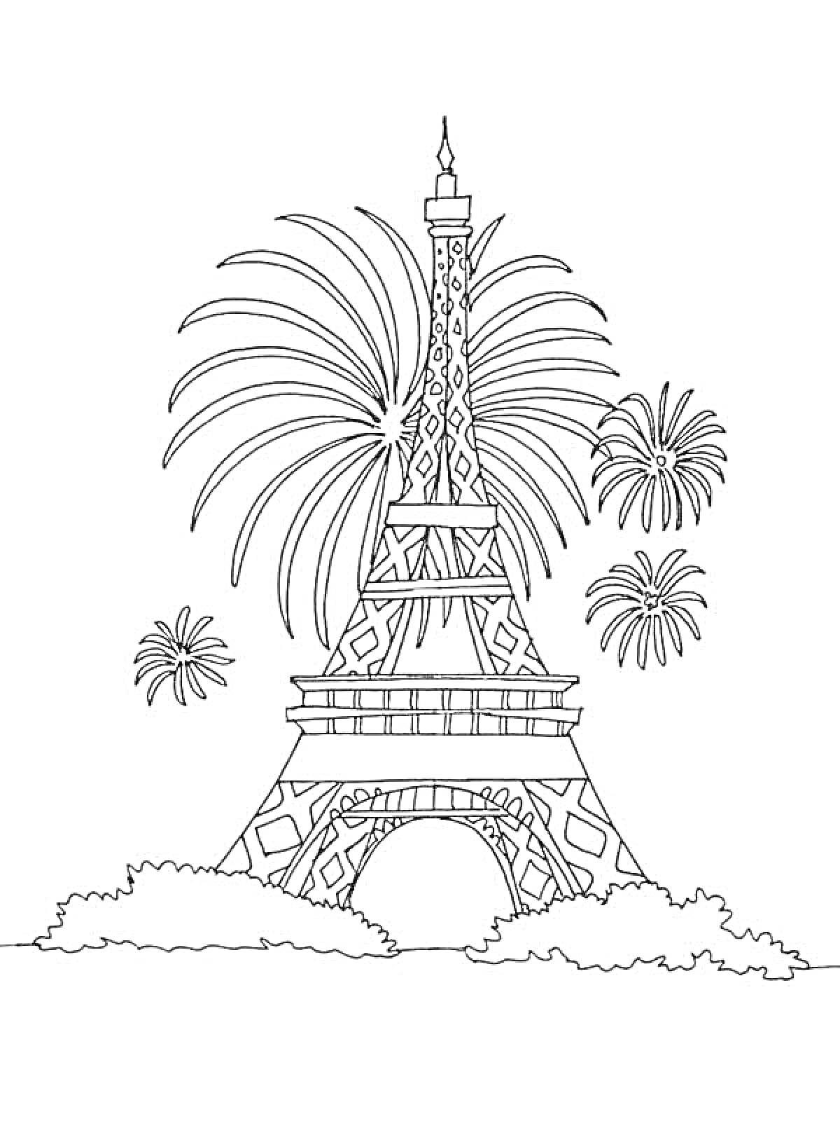 Раскраска Эйфелева башня с фейерверками и кустами