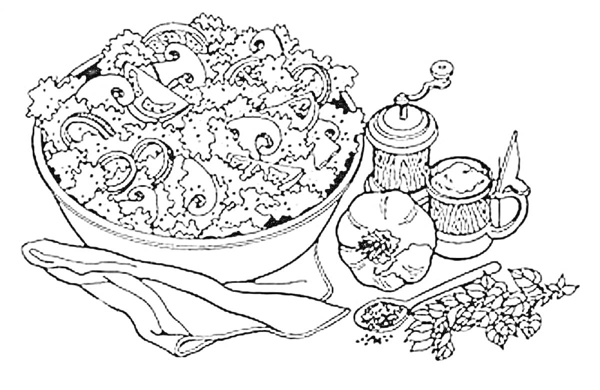 На раскраске изображено: Салат, Шампиньоны, Перец, Соль, Соус, Ложка, Зелень, Кухня, Еда, Овощи