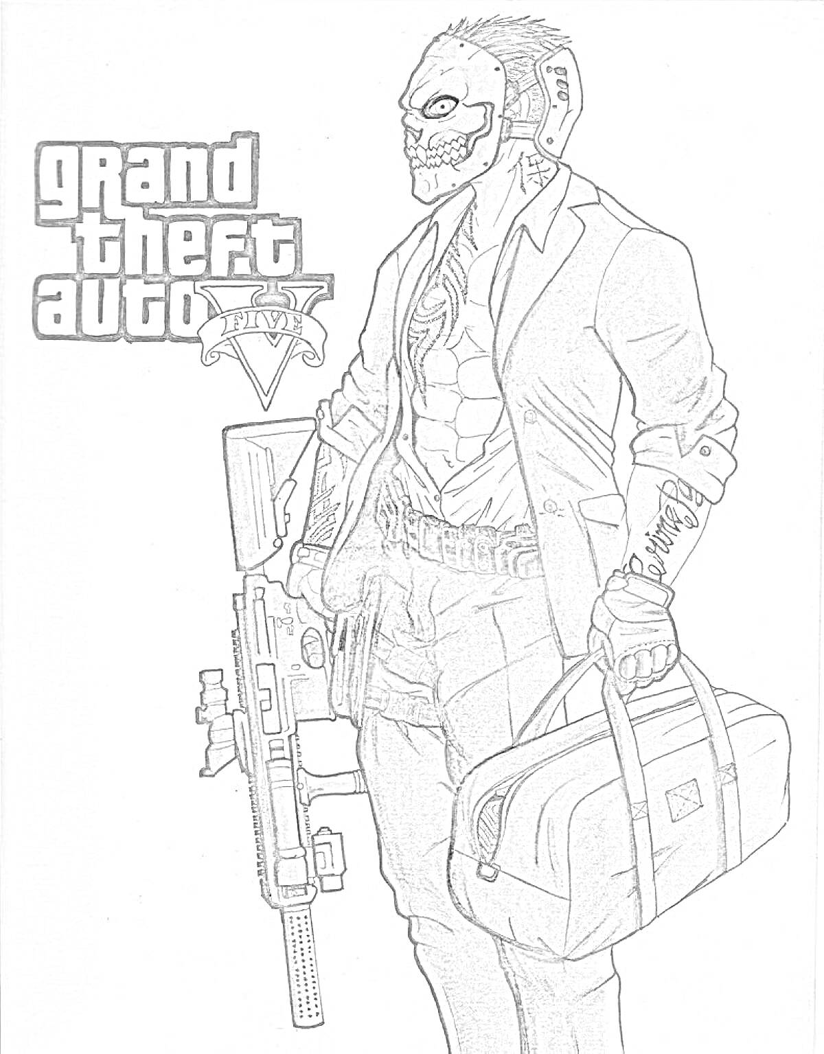 Раскраска Персонаж с маской и оружием из игры 