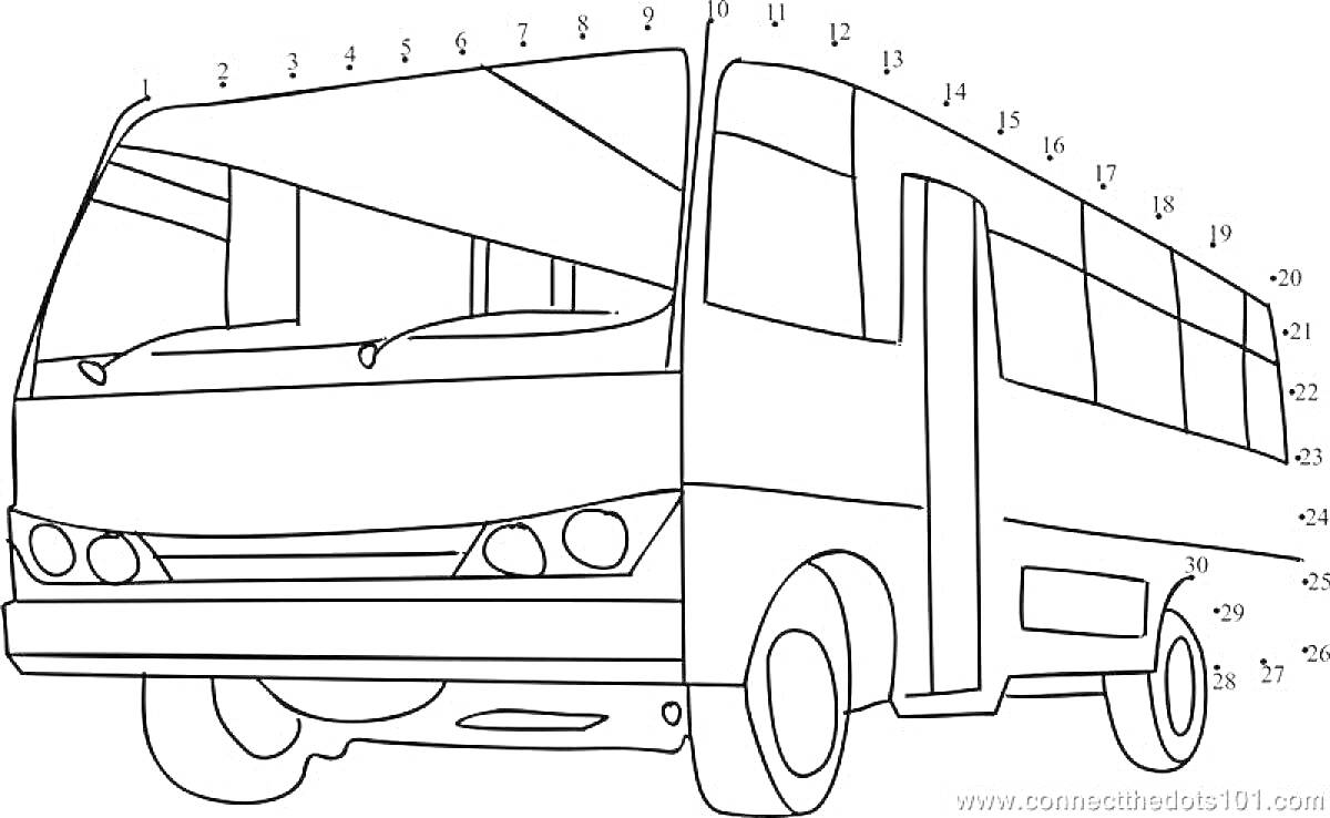 Автобус Гордон с номерами для раскраски по точкам: фронтальная и боковая части, окна, двери, колеса.