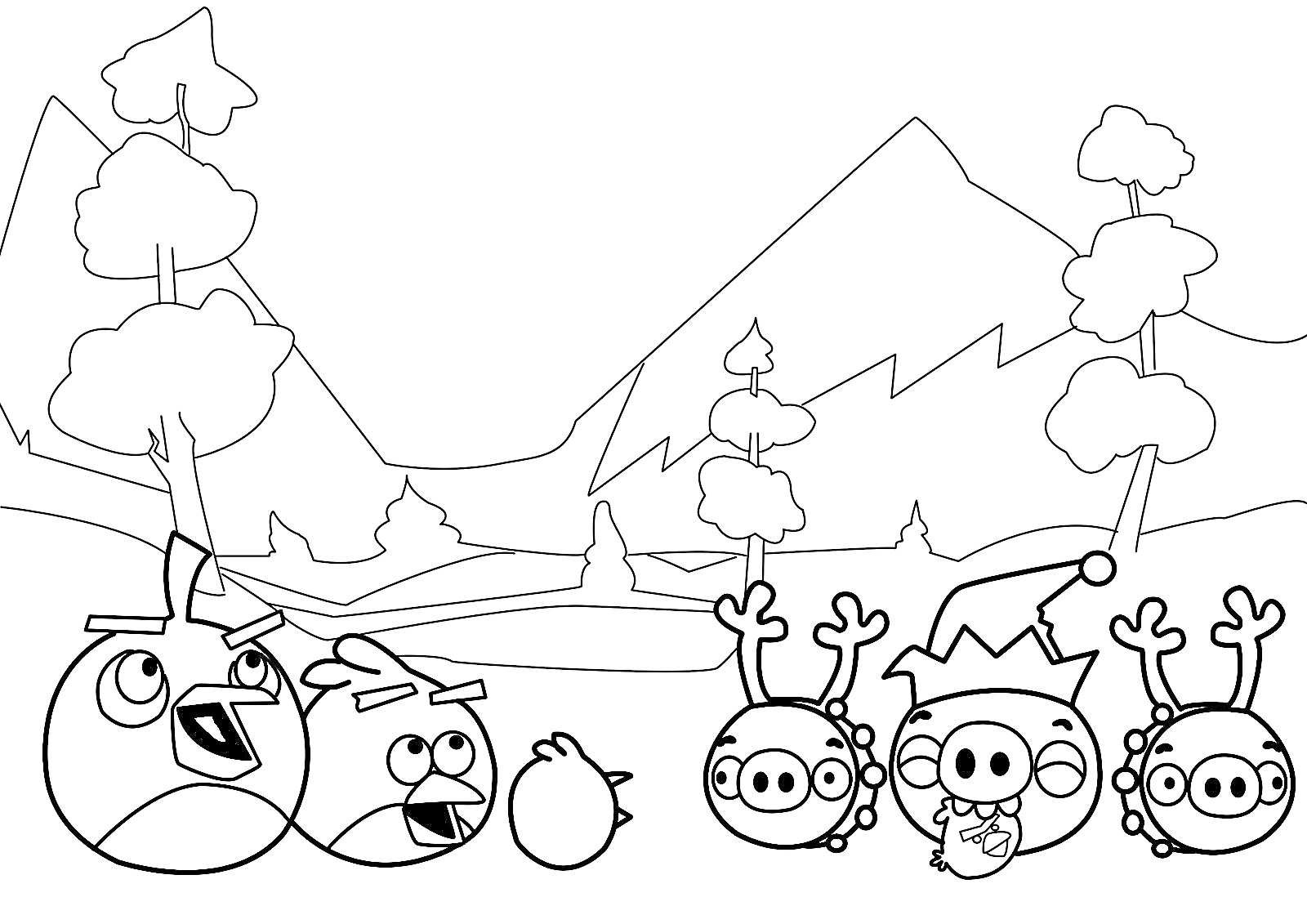 Раскраска Птички и свиньи из Энгри Бердс на фоне гор и леса, с элементами ёлок и снега