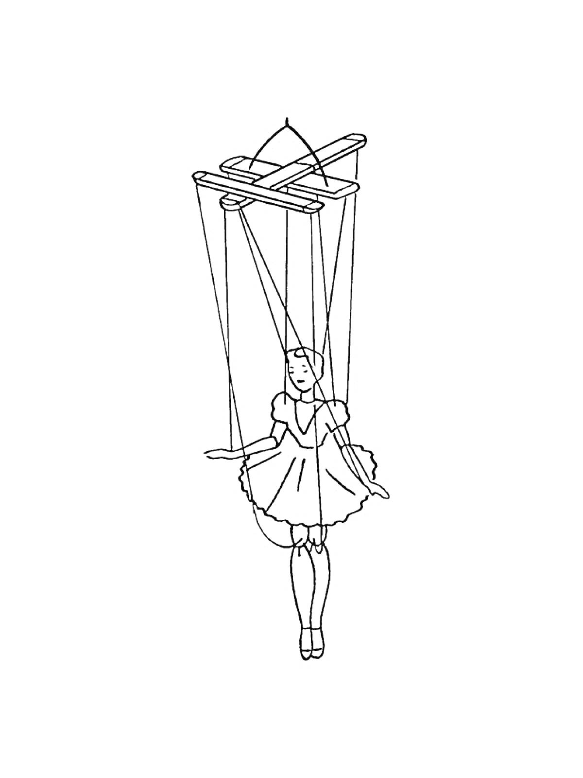 Раскраска Марионетка с нитями и ручным управлением, балетное платье