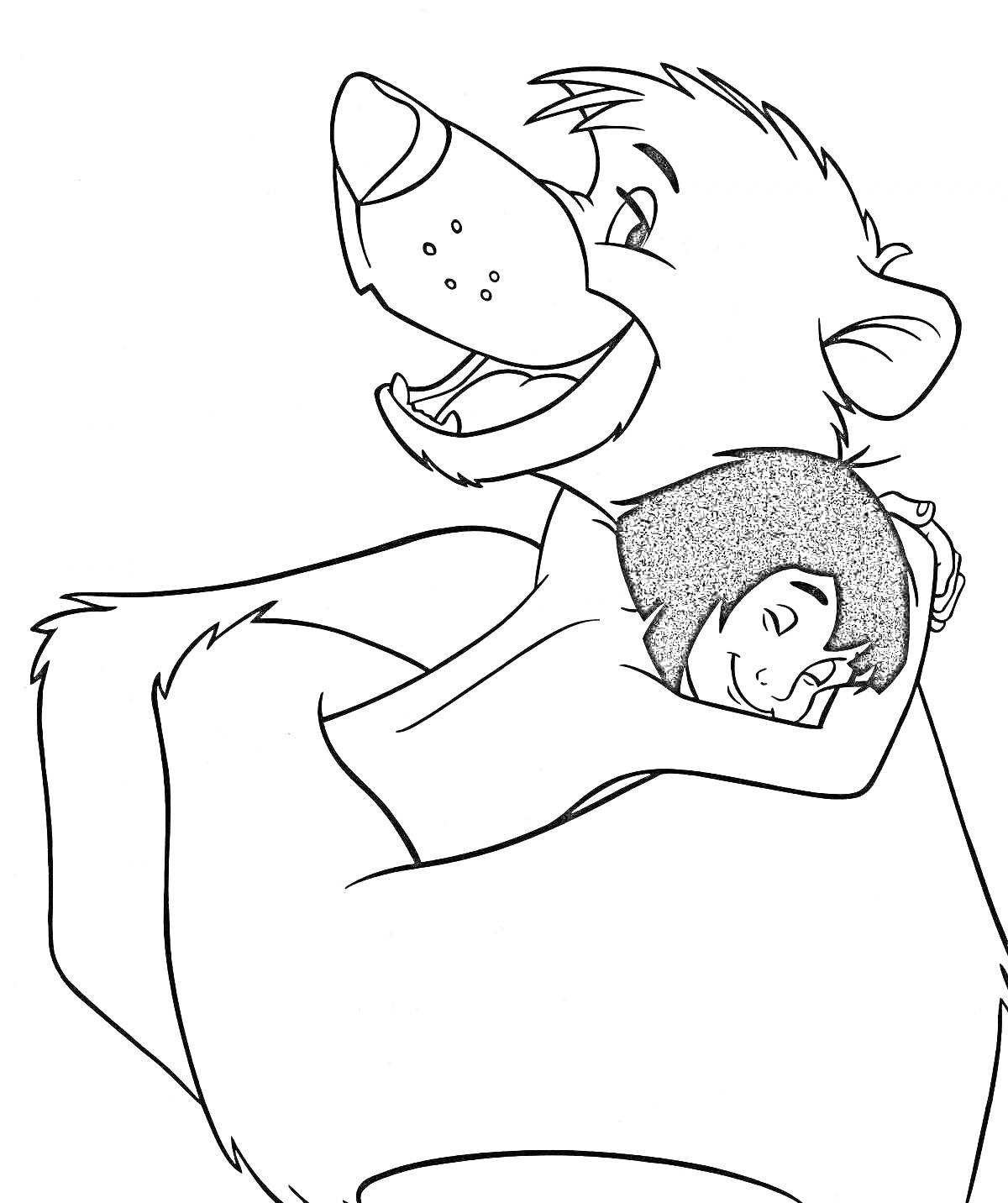 На раскраске изображено: Медведь, Мальчик, Объятия, Дружба